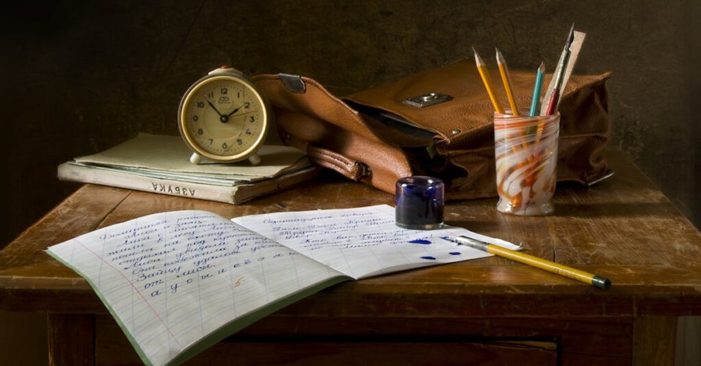 still-life-school-retro-ink-159618-159618 Classic wooden desk with writing materials, vintage clock, and a leather bag.